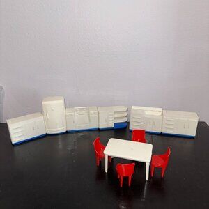 Vtg 50s Plasco Dollhouse Furniture Blue Red Kitchen Table Chairs Sink Stove 11pc